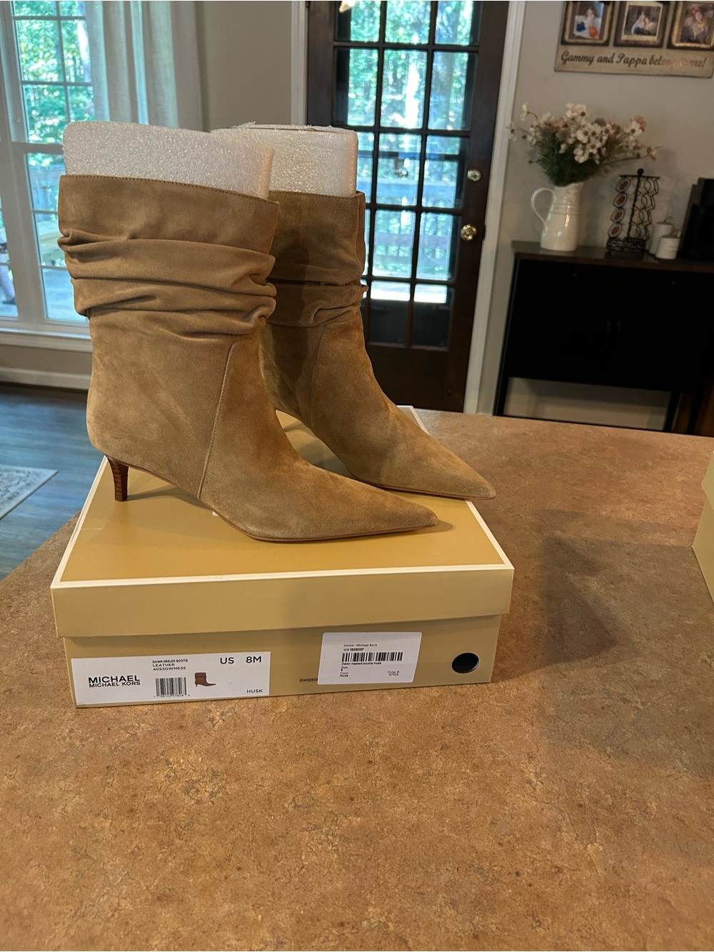 MICHAEL Michael Kors Tan Suede Slouch Pointed-Toe Kitten Heel Boots